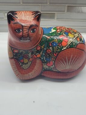 Talavera Mexican Hand Psinted Folk Art Multi Color Ceramic Cat Figurine